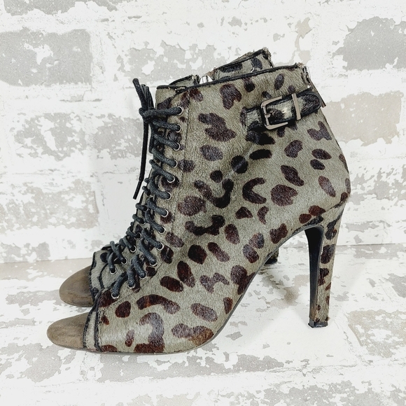 Jessica Simpson Shoes - Jessica Simpson Erlene Grey Black Leopard Peep Toe Zip Lace Up Ankle Boots H311